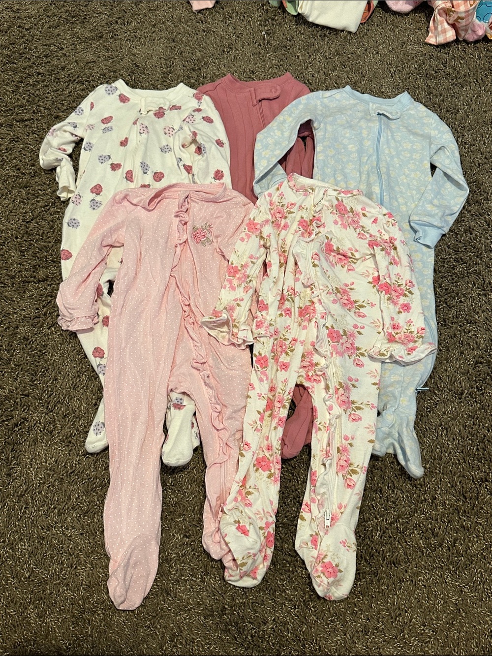 Girls Floral & Pink Cotton One-Piece Sleepers - 5-Pack